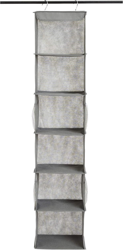 Amazon Basics Hanging Closet Shelf Organizer, 6-Tier with Pockets, 8.5" D x 12" W x 9" H, Grey