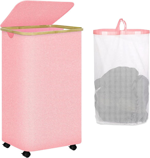 conglow Pink Hamper with Wheels - 100L Large Laundry Hamper with Lid, Rolling