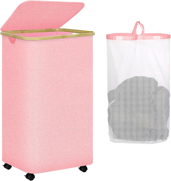 conglow Pink Hamper with Wheels - 100L Large Laundry Hamper with Lid, Rolling