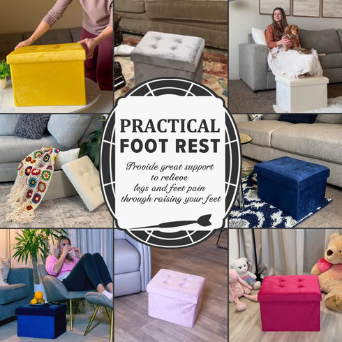 17x13x13in(Blue) LINMAGCO Storage Ottoman Folding Foot Stool Velvet Foot Rest with Padded Modern Ottoman with Storage