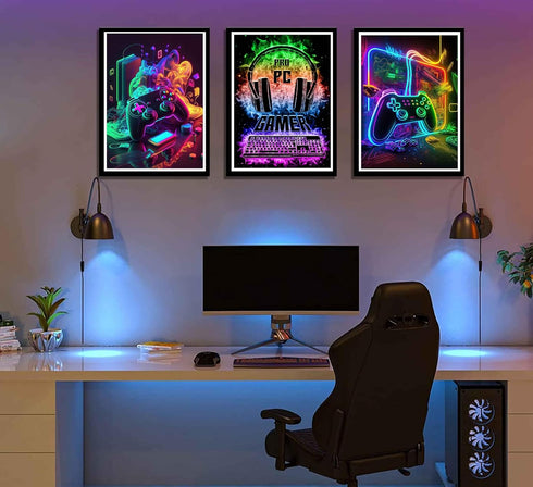 NBYARTQ 3Pcs Cool Gaming Wall Art - Retro Video Gamer Watercolor Posters, Colorful Neon Canvas Prints for Boys Room