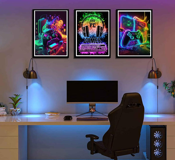 NBYARTQ 3Pcs Cool Gaming Wall Art - Retro Video Gamer Watercolor Posters, Colorful Neon Canvas Prints for Boys Room