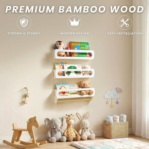 Homewisp Set 3 16.5 Inches) Nursery Shelves for Wall, Premium Bamboo Wood, Fully Assembled - Nursery Book Shelves, Book