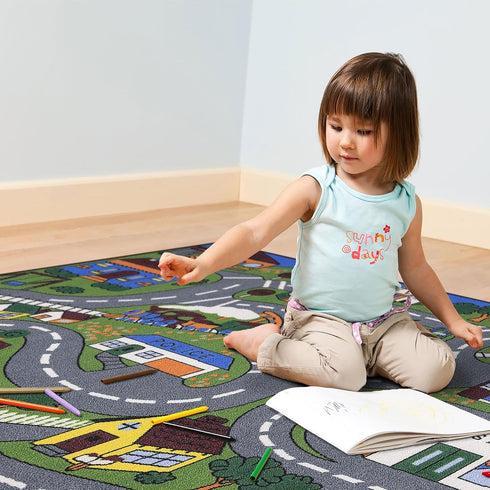 3'3" 4'7" Ottomanson x Kids Road Map Rug - Interactive City Traffic Play Mat for Toy Cars - Perfect for Playroom