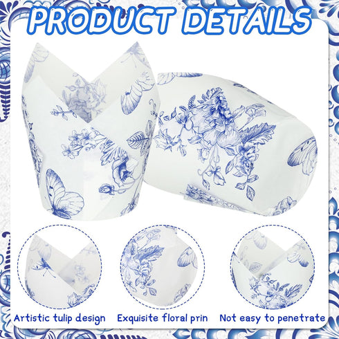 Gerrii 200 Pcs Chinoiserie Blue White Flower Cupcake Liners | Mini Baking Cups for Decoration