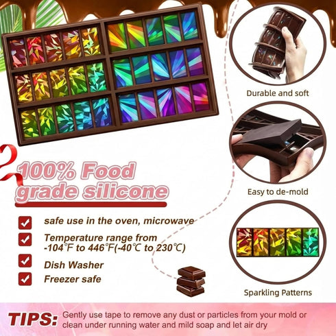 Ziliny Windmill and Diamond Holographic Chocolate Bar Mold Silicone, Rainbow Light Effect Chocolate Bar Deep Thick