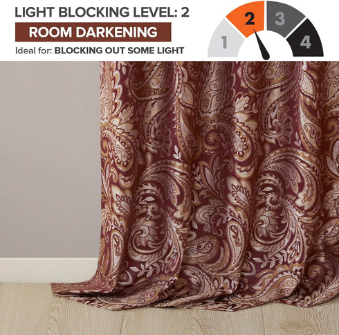Madison Park Aubrey 2 Panel Curtain, Faux Silk Paisley Jacquard, Rod Pocket, Room Darkening Drape, 2-PK 50x95, Burgundy