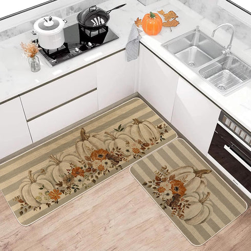 Fall Pumpkins with Flowers Kitchen Rugs, Set of 2, Autumn Harvest Thanksgiving Home Decor Mats