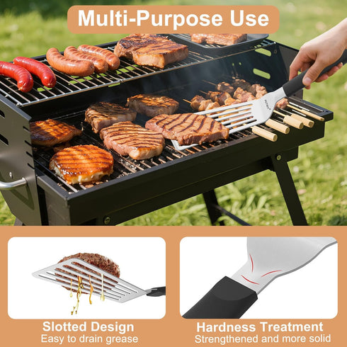 Set, 13.3" 11.3" (2 Pack) Stainless Steel Spatula Large & Small Slotted Fish Turner with Silicone Handle, Metal