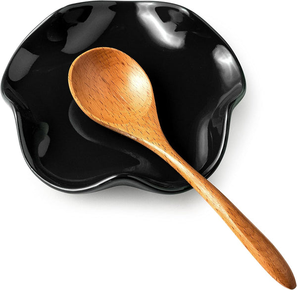 Cute Black Ceramic Spoon Rest for Kitchen Counter, 5.3" Spatula Holder for Multiple Utensils, Farmhouse Decor