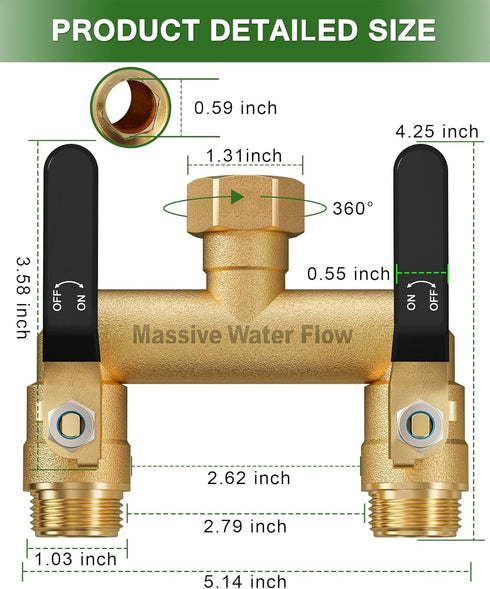 LNEZCDB 2 2 3/4 Inch Hose Splitter Way Heavy Duty, Full Flow Garden Hose Splitter with Long Metal Handles, Brass Rust