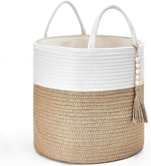 Mkono Woven Storage Basket, Small Decorative Rope Basket for Blankets, Toys, Clothes, 11" W x 11"L, White and Yellow