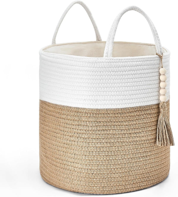 Mkono Woven Storage Basket, Small Decorative Rope Basket for Blankets, Toys, Clothes, 11" W x 11"L, White and Yellow