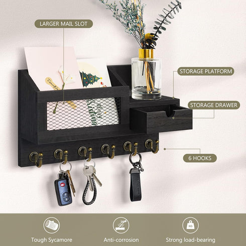 Key and Mail Holder for Wall, Wall Mount Mail Organizer with 6 Hooks and Storage Drawer, Key Rack (B-Black)