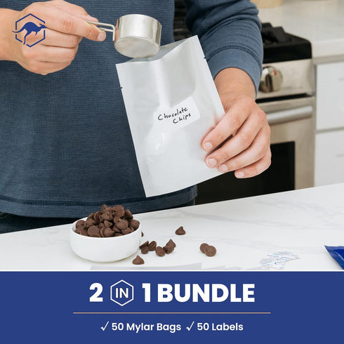 50x Wallaby 1-Cup Mylar Bag Bundle, 5 Mil Mylar Bags + 50 Labels, Heat Sealable, Food Safe Storage Solutions