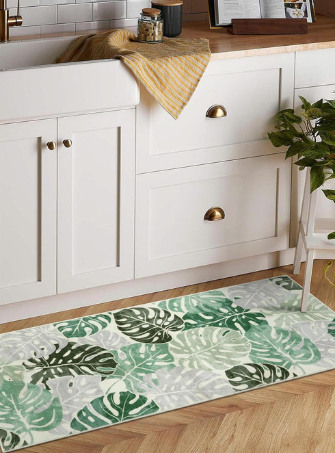 Wonnitar Monstera Leaf Bathroom Runner Rug, 2x4.3 Washable Non-Slip Soft Carpet for Bedroom Entry Kitchen