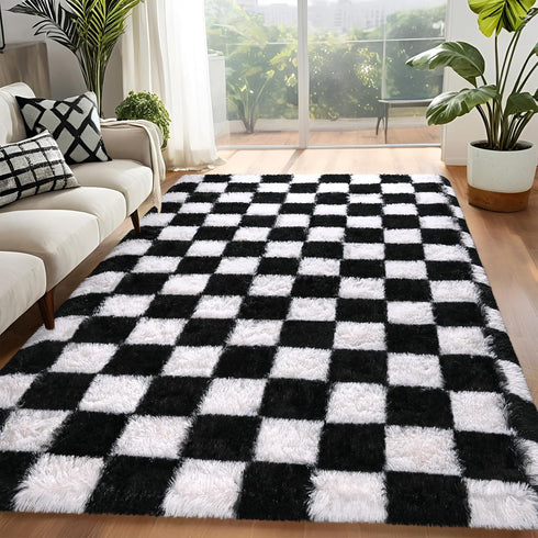 5x7 Rugs for Living Room Bedroom, ft Black and White Checkered Area Rug, Fluffy Soft Washable Carpet, Modern Non-Slip