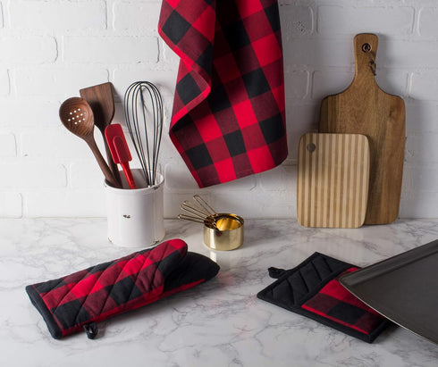 DII Buffalo Check Kitchen Collection, Classic Farmhouse Dishtowel Set, 20x30, Red & Black, 3 Piece
