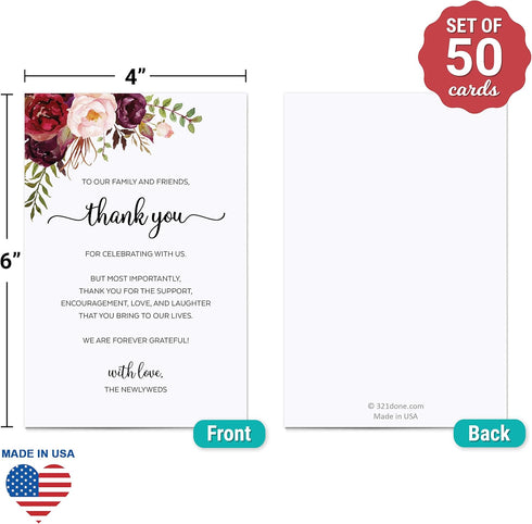 321Done Thank You Placecards for Wedding, Set of 50 Large 4" x 6" Table Setting Cards, Watercolor Red Roses