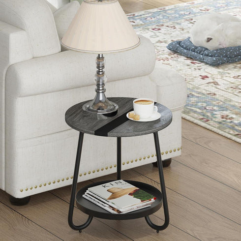 2 Tier Coffee Table in Living Room, Industrial Style Round Coffee Table with Metal Tray, Wood Small Outdoor Coffee