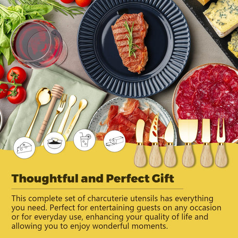 Charcuterie Boards Accessories Gold Utensils Set, Cheese Butter Spreader Knife, Small Serving Tongs, Forks, Spoons