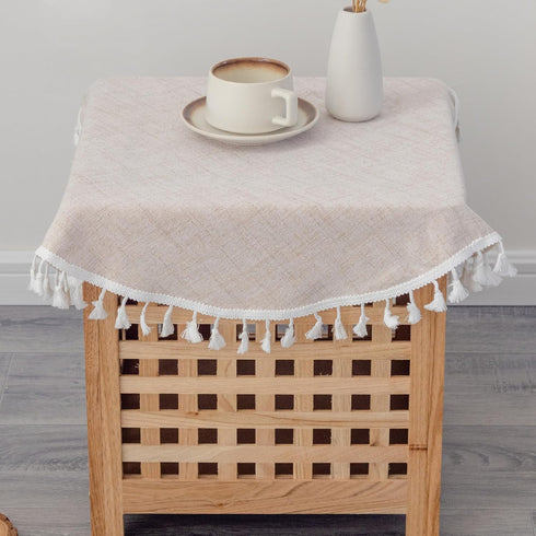 24 Inch Linen Small Round Tablecloth Beige Washable Wrinkle Resistant Table Cover with Tassels Farmhouse Decorative