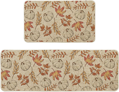 Artoid Mode Pumpkins Fall Kitchen Mats Set of 2, Autumn Maple Leaves Home Decor Low-Profile Rugs for Floor