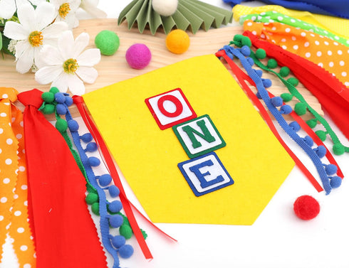 Jissoo Fabric,1st Letter Blocks One High Chair Banner - First Birthday Decorations, Nursery Rhyme Highchair Garland