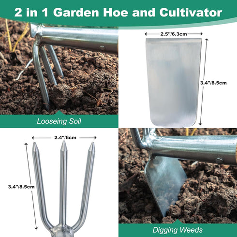 2IN1 14''Weeding Berry&Bird Hand Tools Hoe and Cultivator, Stainless Steel Garden Hand Tiller and Pickaxes with Wooden