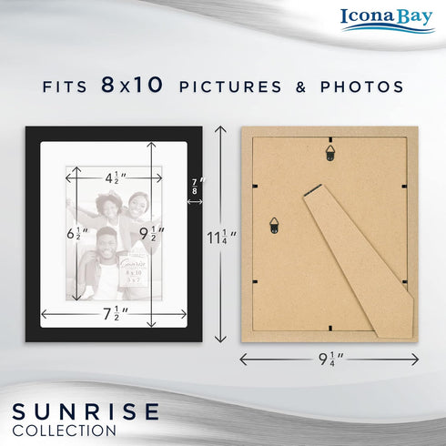 Icona Bay - 8x10 Black Picture Frame Mat to 5x7 - Painted Solid One-Piece Wood Composite, Modern Farmhouse