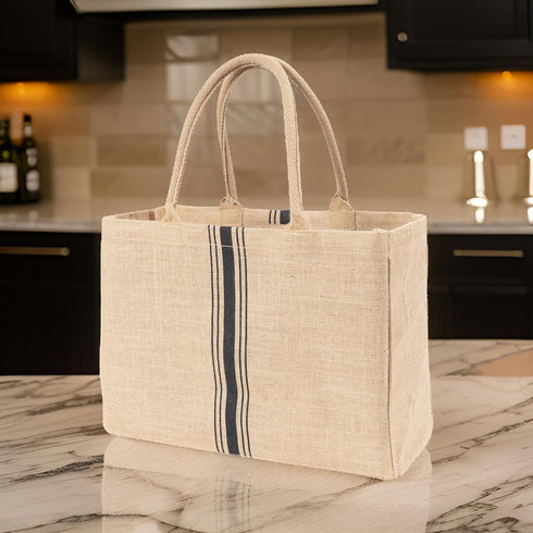 KAF Home Jute Market Tote Bag with Handles, Triple Stripe