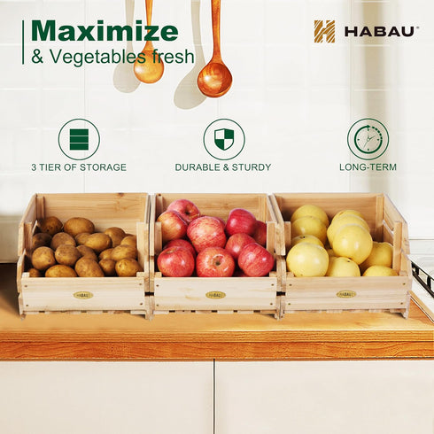 Wood Potato Onion Storage Bins, Stackable Wooden Produce Basket for Kitchen Pantry Organization, Set of 3 Pieces