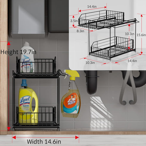 SUEH DESIGN 2 Tier Under Sink Organizer, Metal Kitchen Bathroom Storage with Hanging Rail