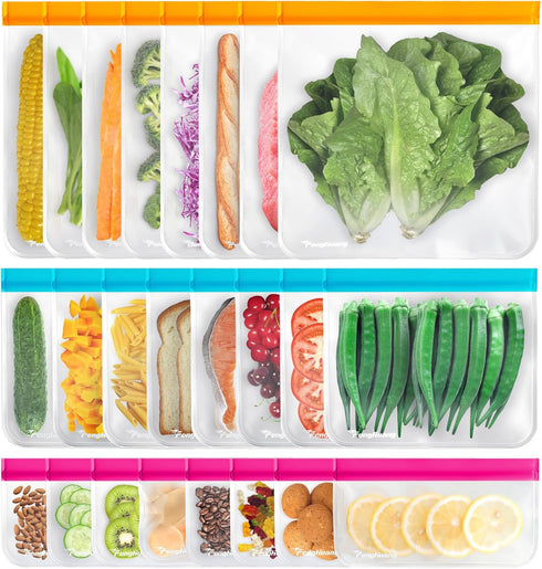 24 Reusable Food Storage Bags, BPA FREE (8 Gallon Bags + 8 Leakproof Sandwich Bags + 8 Snack Bags) Extra Thick
