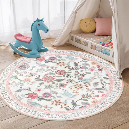 4ft, Rugalia Pink Floral Round Rugs Washable Boho Circle Rug for Girls Bedroom, Soft Non-Slip Botanical Nursery