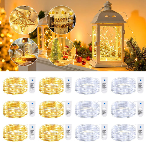12 Pack 8 7ft 20LED Minetom Fairy Lights Battery Operated String Lights Modes, Waterproof Silver Wire Twinkle Lights