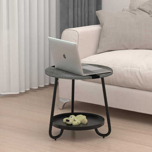 2 Tier Coffee Table in Living Room, Industrial Style Round Coffee Table with Metal Tray, Wood Small Outdoor Coffee