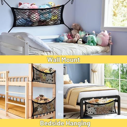Stuffed Animal Storage Net for Kids, 2 Pack Bedside Toy Organizer Net - Elastic Bedside Storage Net with Tether,