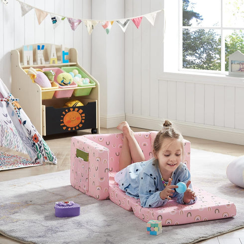 2-in-1 Ulax furniture Kids Fold Out Couch Children Convertible Sofa to Lounger with Soft Plush Fabric(Pink Rainbow)
