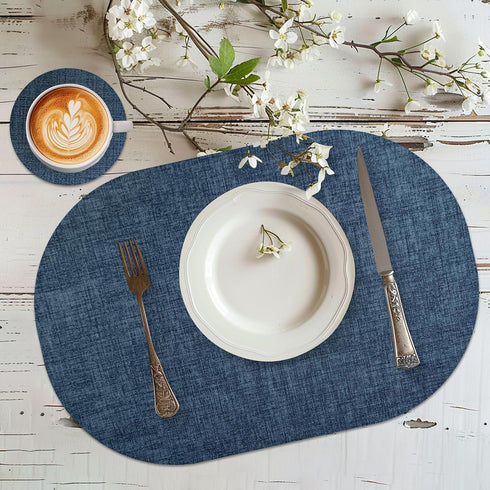 yuuzue Set 6 Faux Leather Placemats of with Matching Coasters, Dual Sided Oval Placemats, Waterproof Wipeable Heat