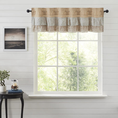 VHC Brands Kaila Country Cottage Ruffled Gold Ticking Stripe Curtain Valance, 16x60