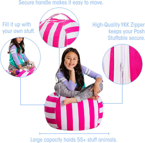 Posh Stuffable Kids Stuffed Animal Storage Bean Bag Chair Cover, Medium 27" - Children's Toy Organizer, Canvas Stripes