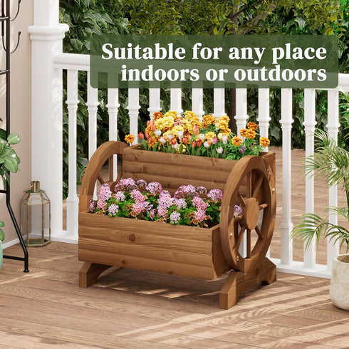 PULIJIAJU Wooden Wagon Planter Flower Cart with Wheels Garden Box Garden Planter, Decorative Planter for Flowers Herbs