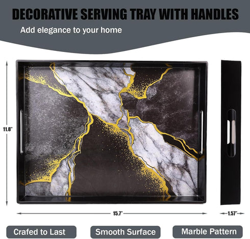 Counter, 15.7*11.8*1.6 Marble Black Decorative Tray for Coffee Table, Ottoman, Rectangular Plastic Serving Platter Tray