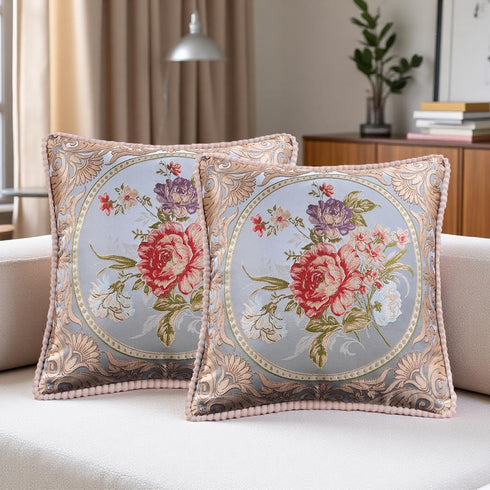 Set of 2 Vintage Blue Embroidered Throw Pillows Covers 18x18inFlowers Retro European