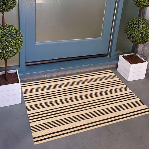 Front Outdoor Door Mat, 2'x3', Tan Black Striped, Machine Washable Cotton Layered Entryway Throw Rug