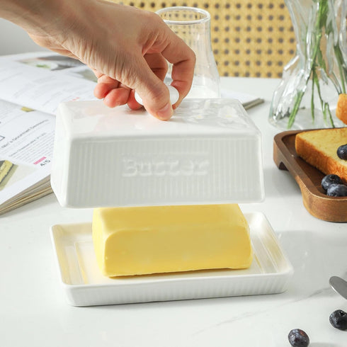 8oz Large Butter Dish with Lid, Ceramic Butter Holder with Knob Handle, Striped Butter Keeper, Porcelain Butter Tray