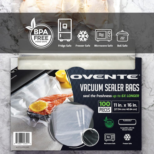 OVENTE Pre-Cut Vacuum Sealer Bags 100 pcs, 11” x 16”, Heavy Duty, BPA-Free for Airtight Food Storage, Meal Prep, Sous