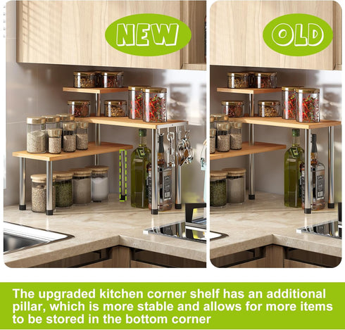 BMOSU Kitchen Corner Shelf Organizer, Adjustable 3 Tier Rack with Hooks for Kitchen Bathroom Counter Storage