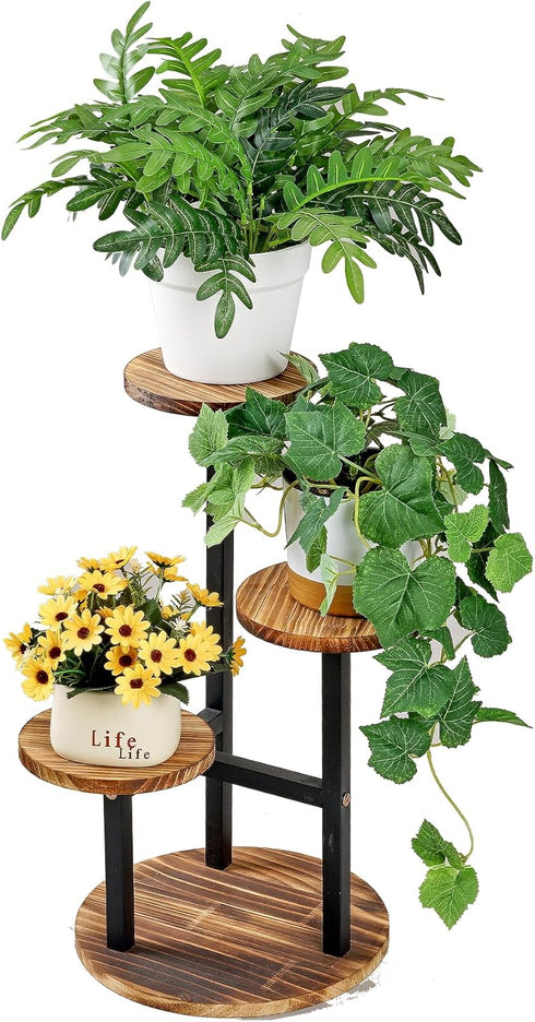 VECELO 3 Tier Plant Stand Indoor Outdoor, Tall Metal Wood Flower Shelf